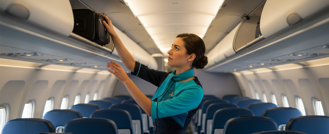 Una tripulante de cabina revisa y organiza las maletas en los compartimentos superiores de un avión.