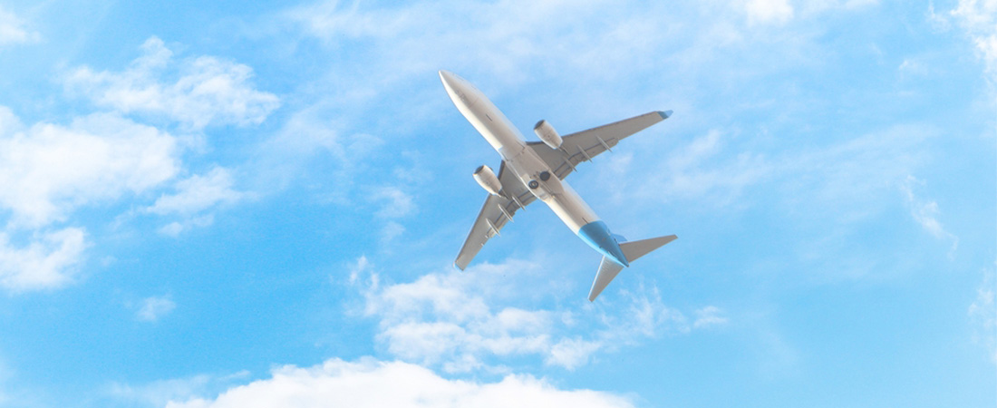 Avión sobrevolando el cielo visto desde tierra.